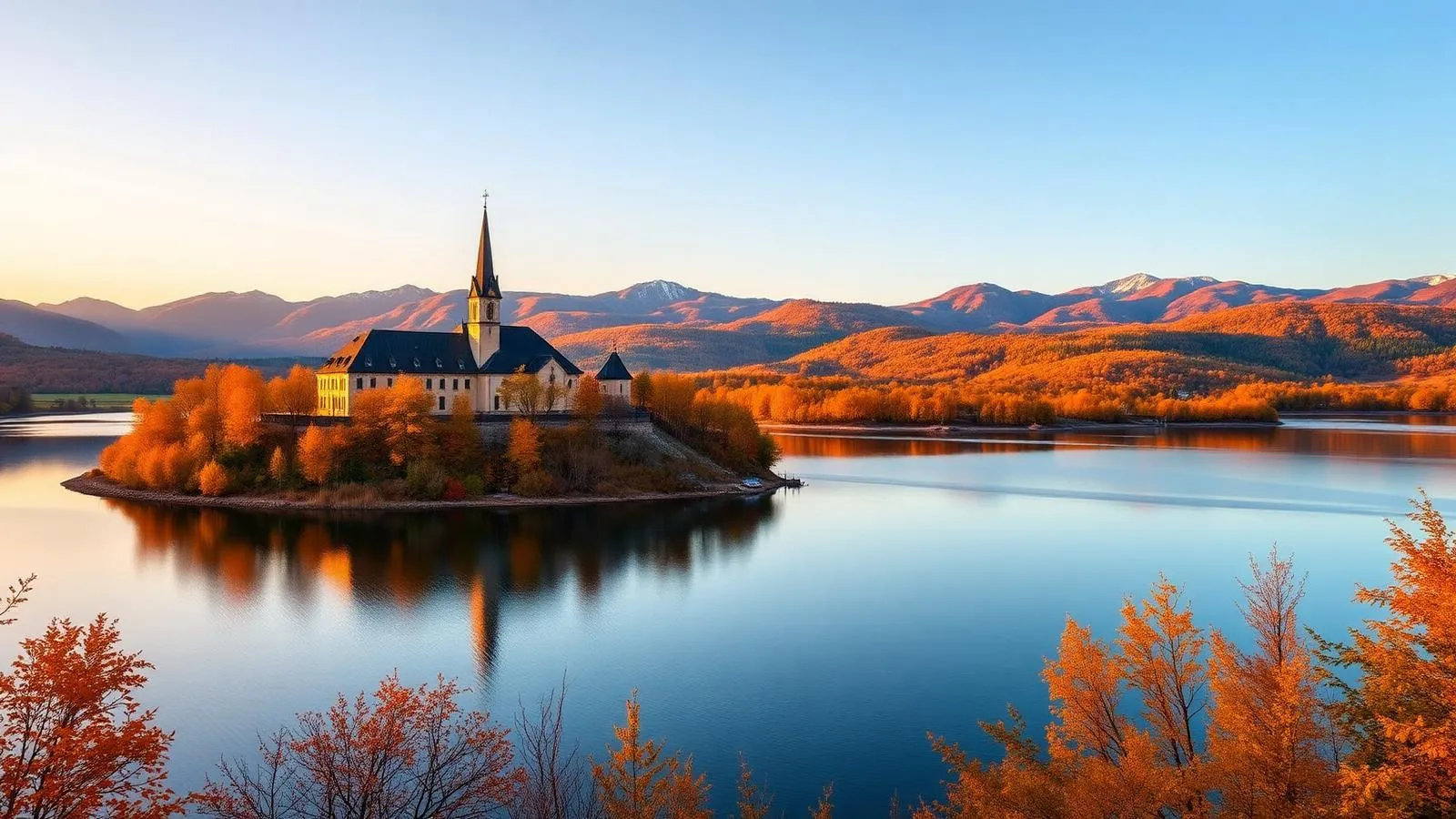 Abbaye Saint-Benoît-du-Lac sur la rive du lac Memphrémagog en automne