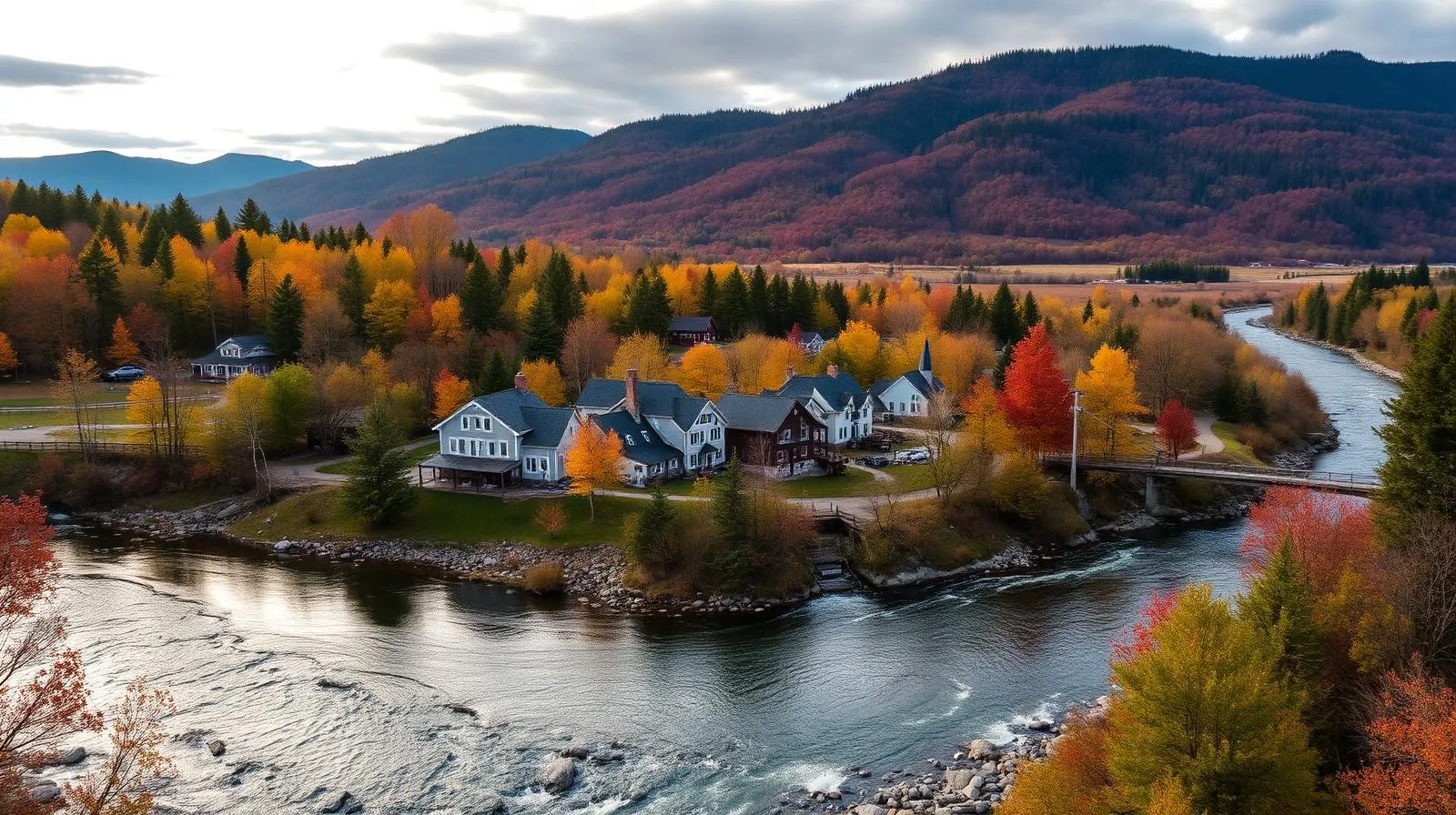 Vue aérienne du hameau de Bishopton au bord de la rivière au Saumon en automne avec érables rouges et collines appalachiennes