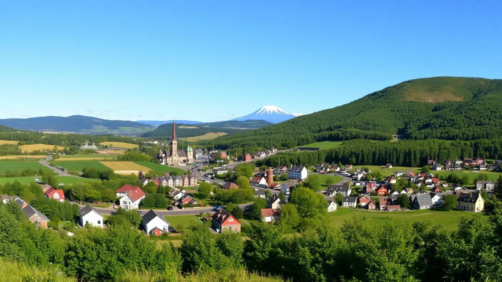 Vue panoramique du village de Bonsecours avec le mont Orford en arrière-plan et collines verdoyantes