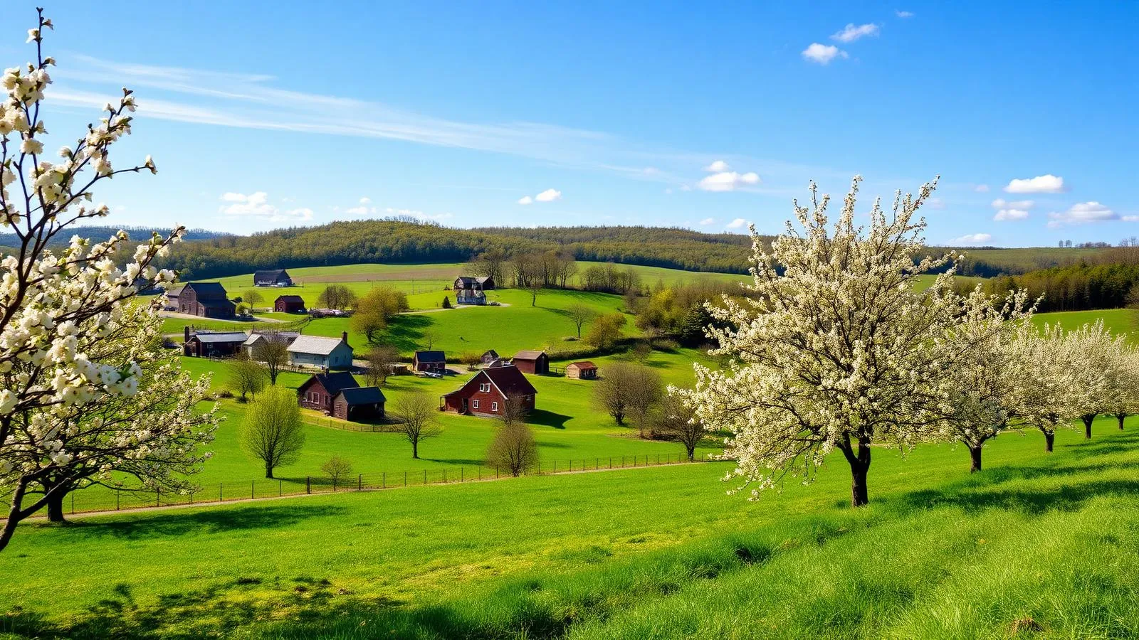 Paysage rural printanier de Compton avec pommiers en fleurs, fermes et collines verdoyantes