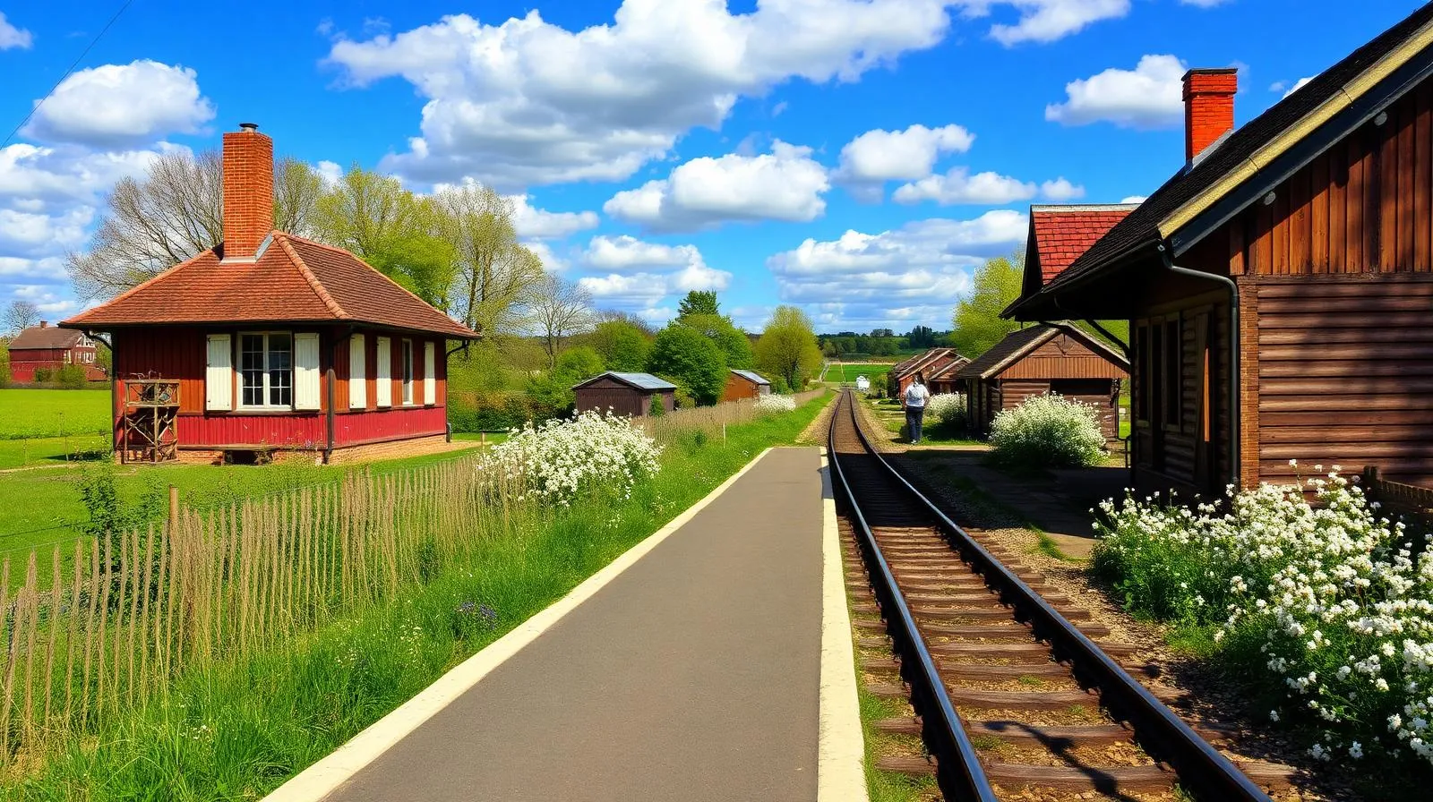 Ancienne gare ferroviaire victorienne en brique rouge à Compton Station avec champs en fleurs et pommiers