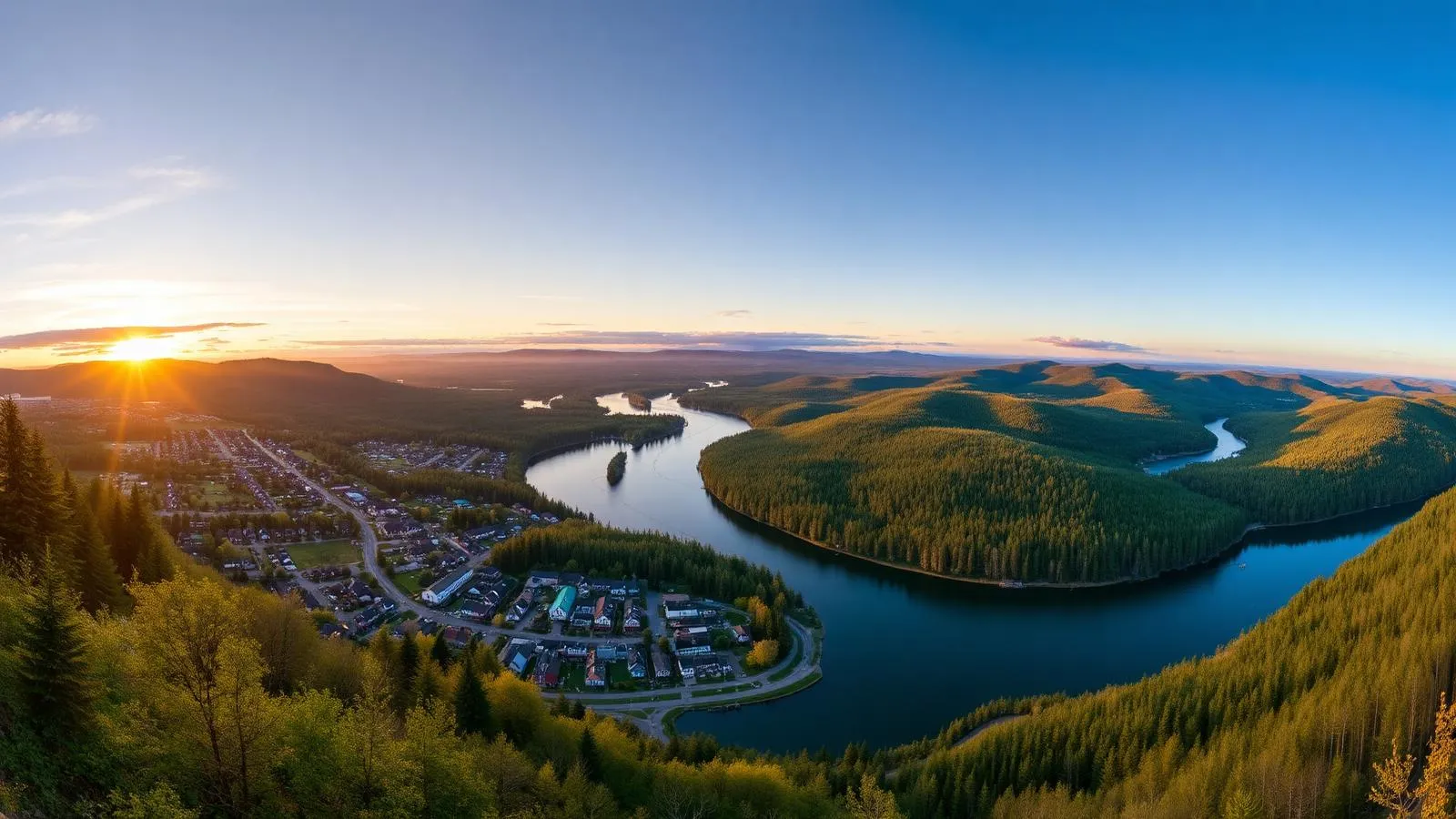 Vue panoramique de Cookshire-Eaton avec villages, rivières sinueuses et collines boisées au coucher du soleil