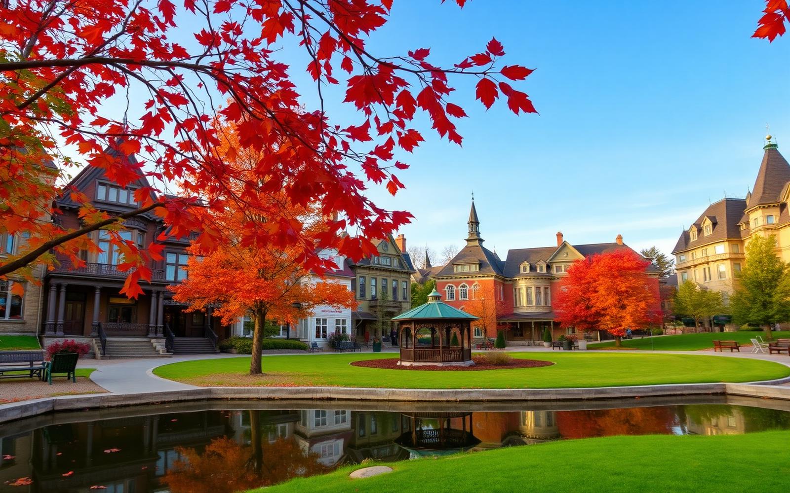 Carré victorien central de Danville en automne, feuillages rouges et étang Burbank en avant-plan