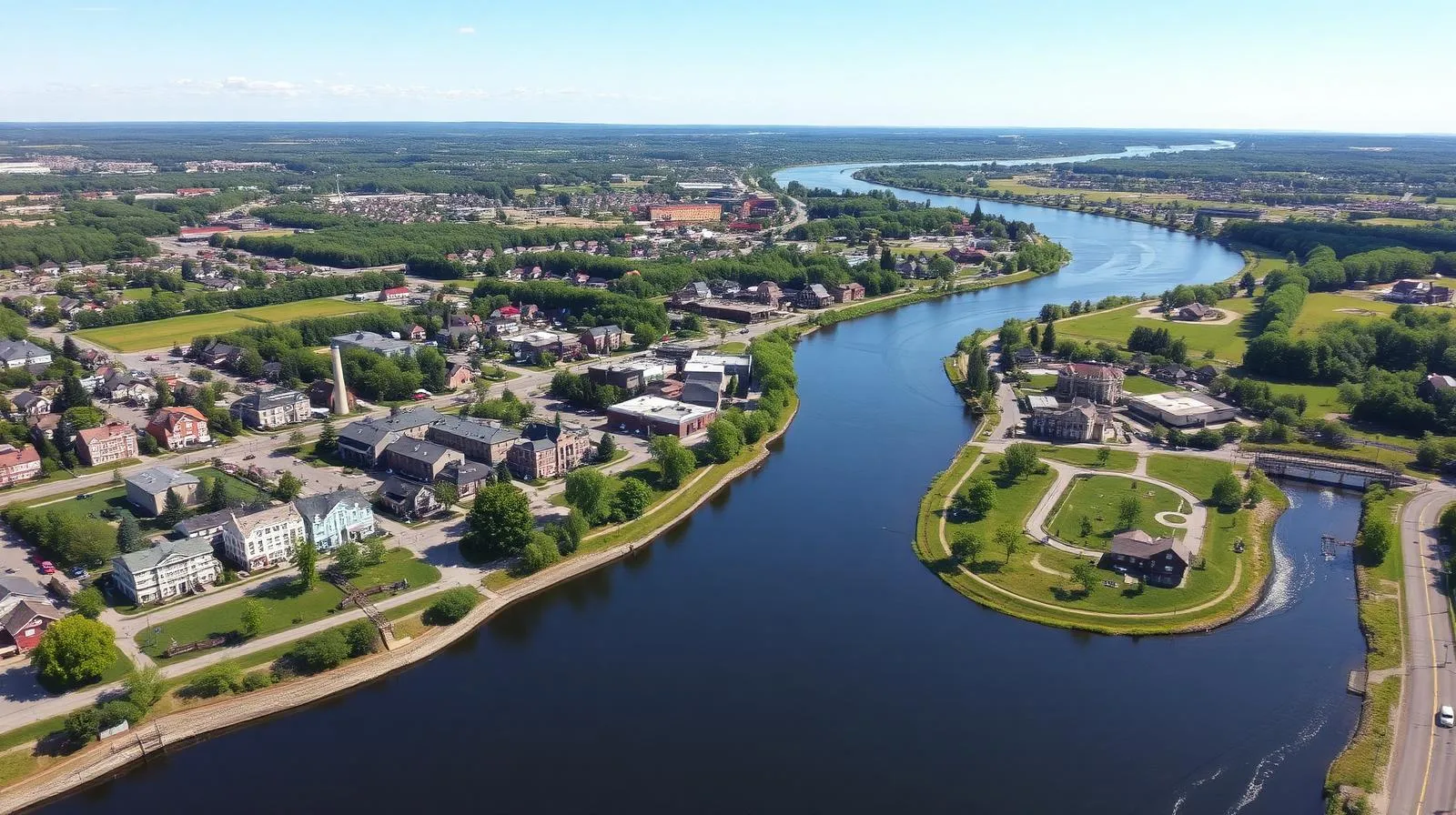 Vue aérienne du centre-ville de Drummondville le long de la rivière Saint-François par une journée d'été