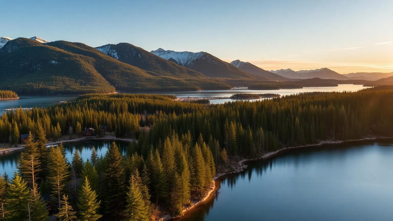 Vue aérienne du lac d'Argent à Dudswell au lever du soleil avec forêts flamboyantes d'automne et petites maisons au bord du lac