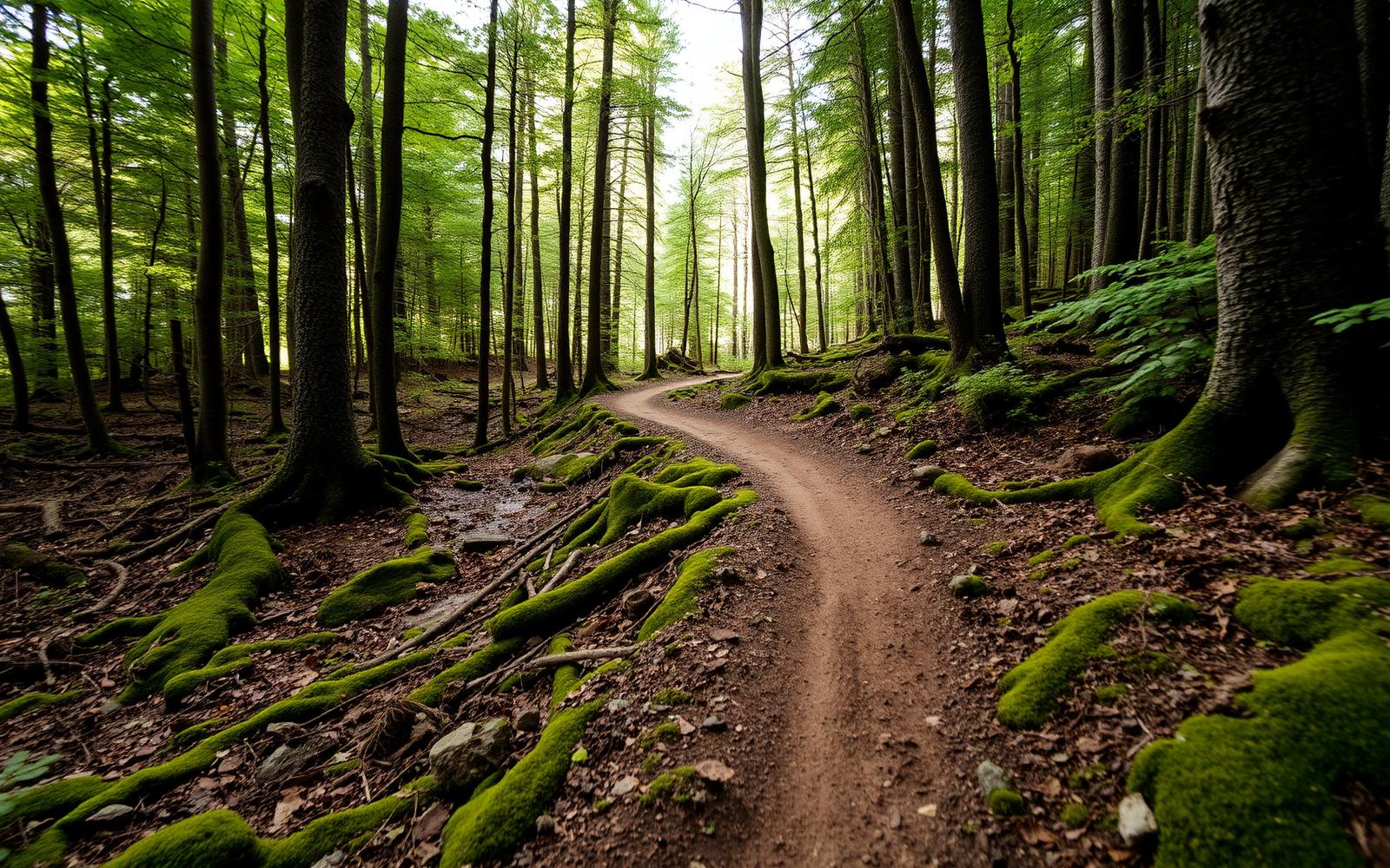 Sentier de vélo de montagne serpentant dans une forêt dense au pied du mont Hereford, racines mousseuses et lumière filtrée à travers la canopée