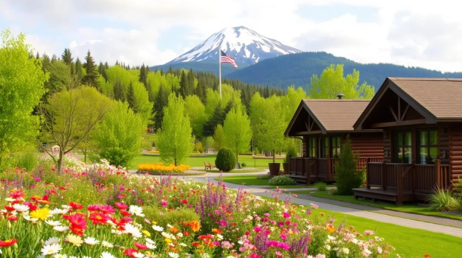 Spa Eastman au printemps avec jardins fleuris et Mont Orford en arrière-plan