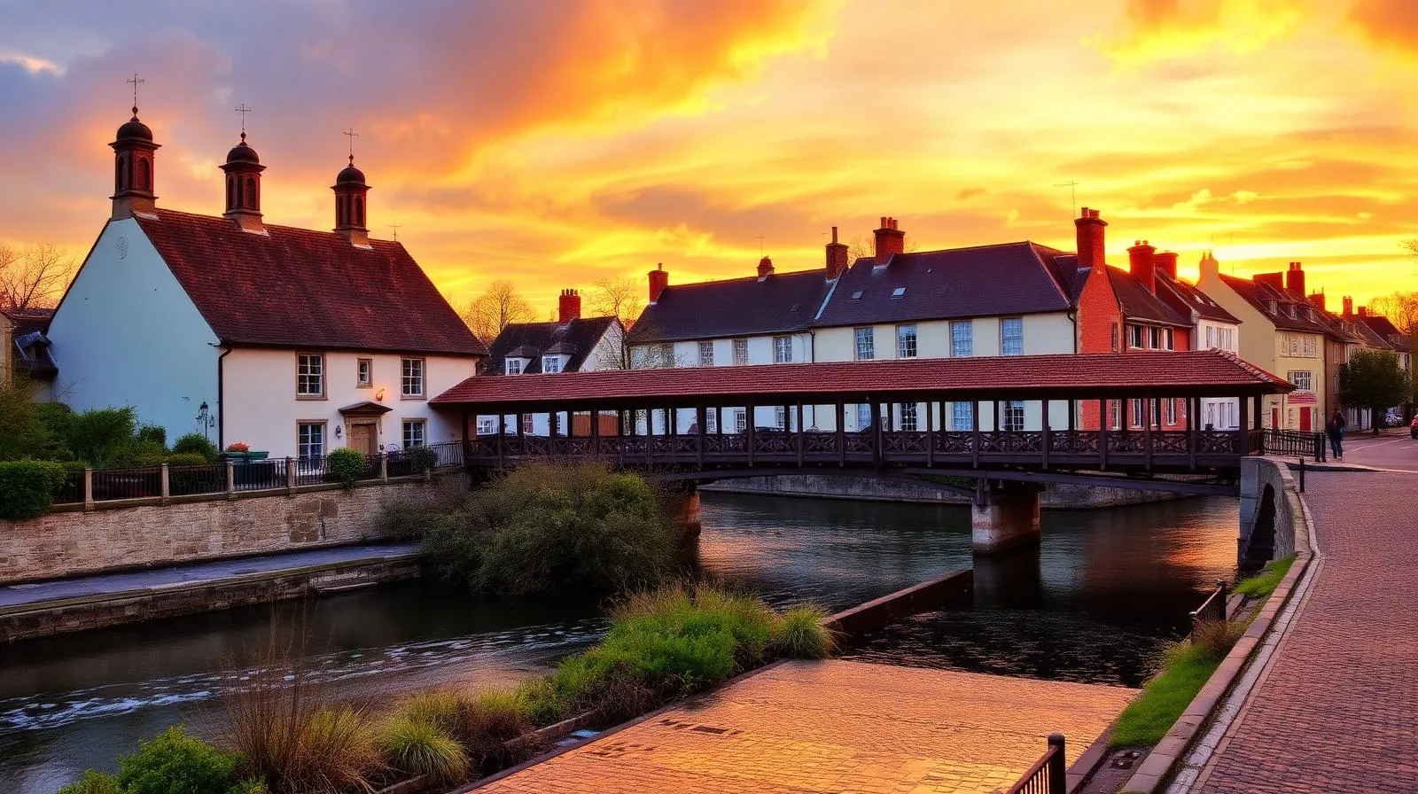 Eaton Corner au coucher du soleil avec quatre clochers d'église victoriens et pont couvert rouge