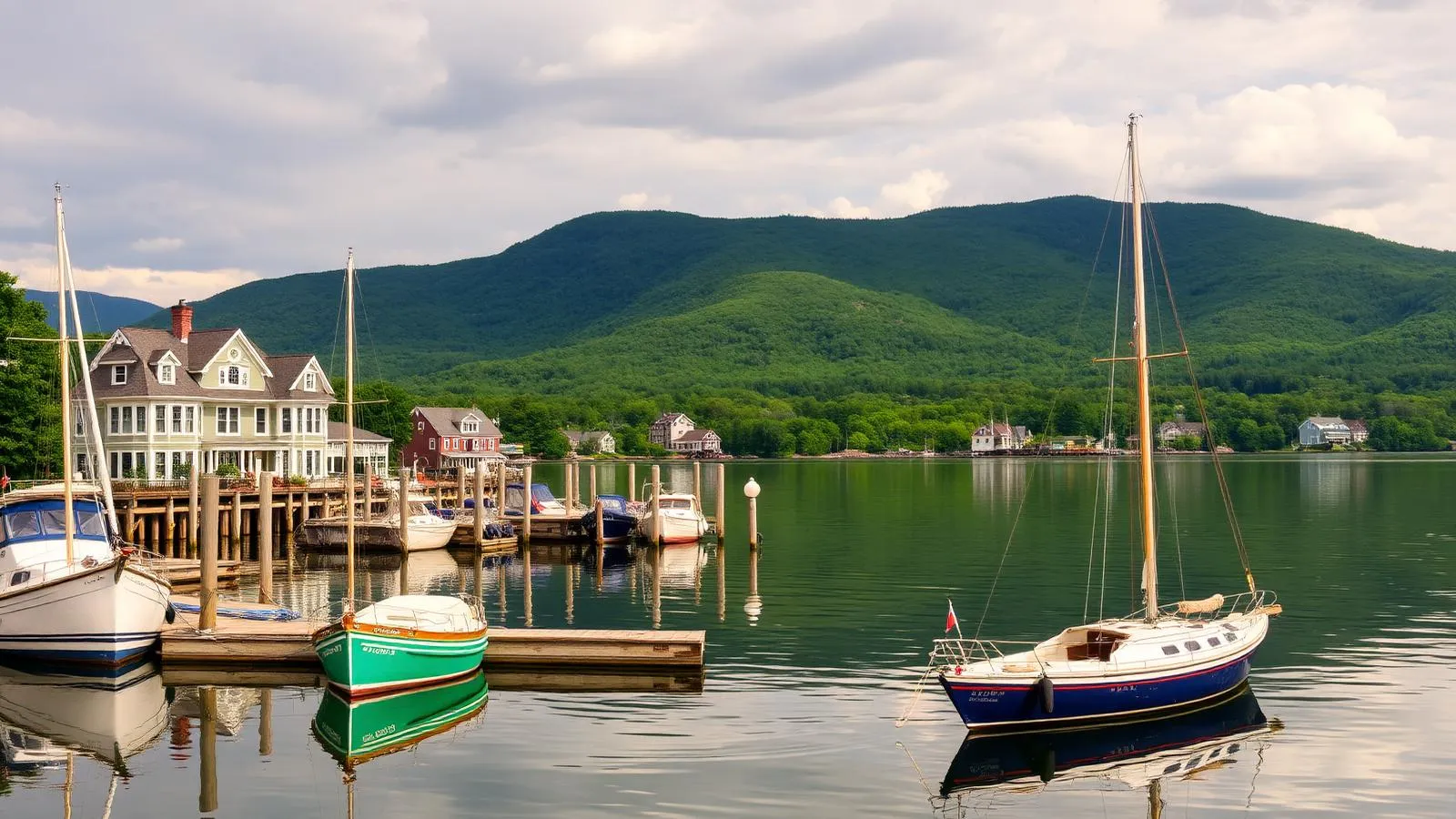 Quai historique de Georgeville sur le lac Memphrémagog avec maisons victoriennes en arrière-plan