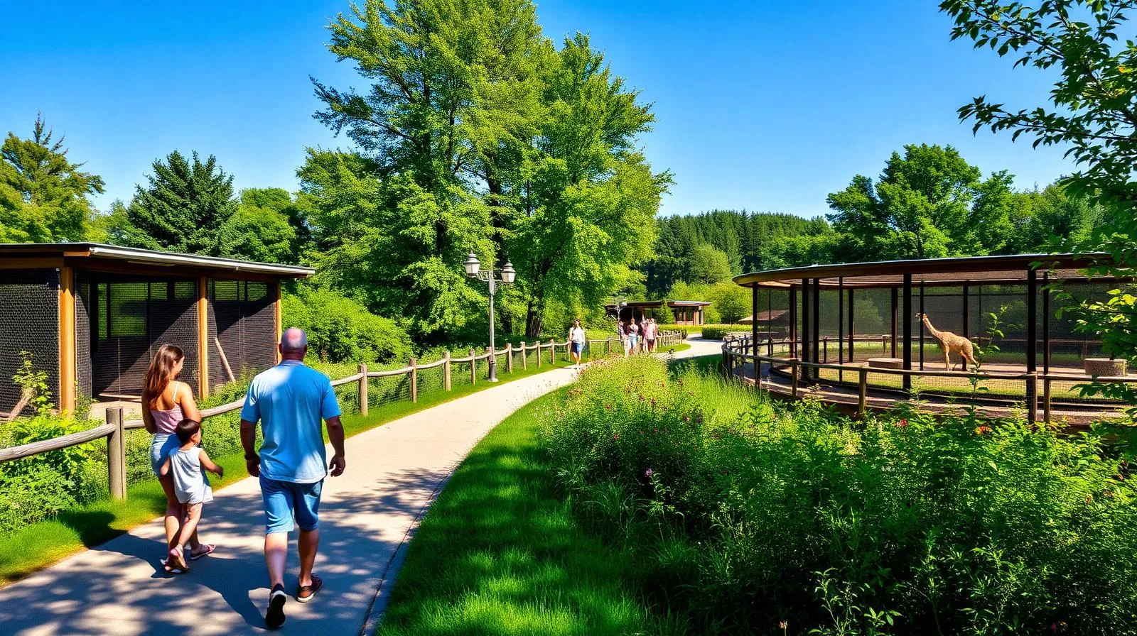 Scène d'été au Zoo de Granby avec familles déambulant près des enclos sous un ciel bleu