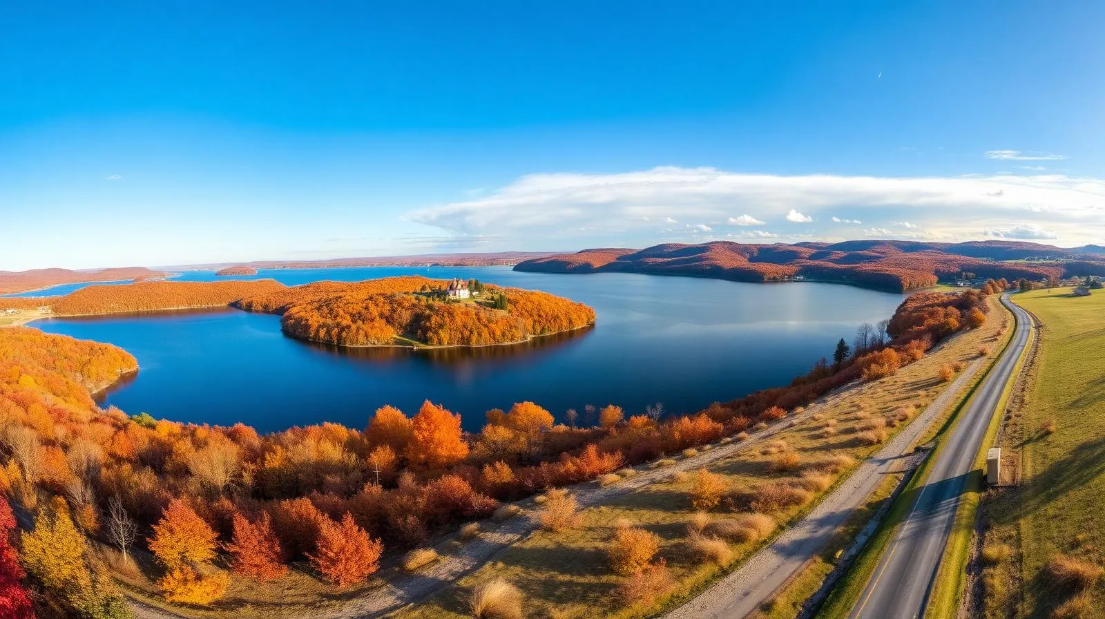 Vue panoramique du lac Massawippi au canton de Hatley en automne avec érables flamboyants et ferme ancestrale en pierre