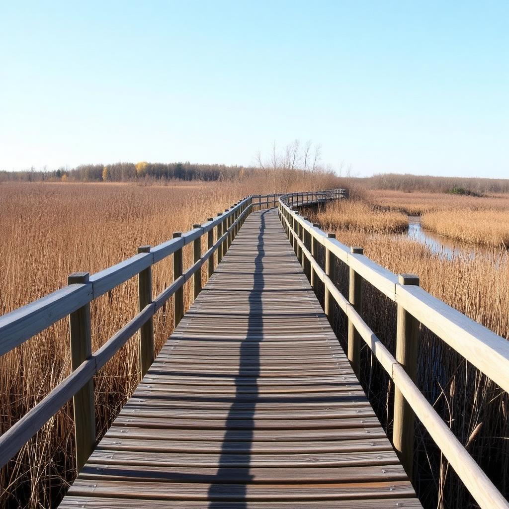 Passerelle de bois traversant le marais de Kingsbury en Estrie, roseaux et lumière automnale, aucune personne