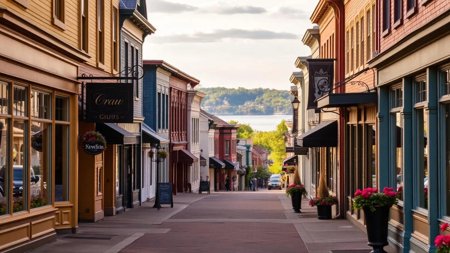 Noyau villageois de Knowlton en automne avec maisons victoriennes colorées bordant une rue arborée menant au lac Brome
