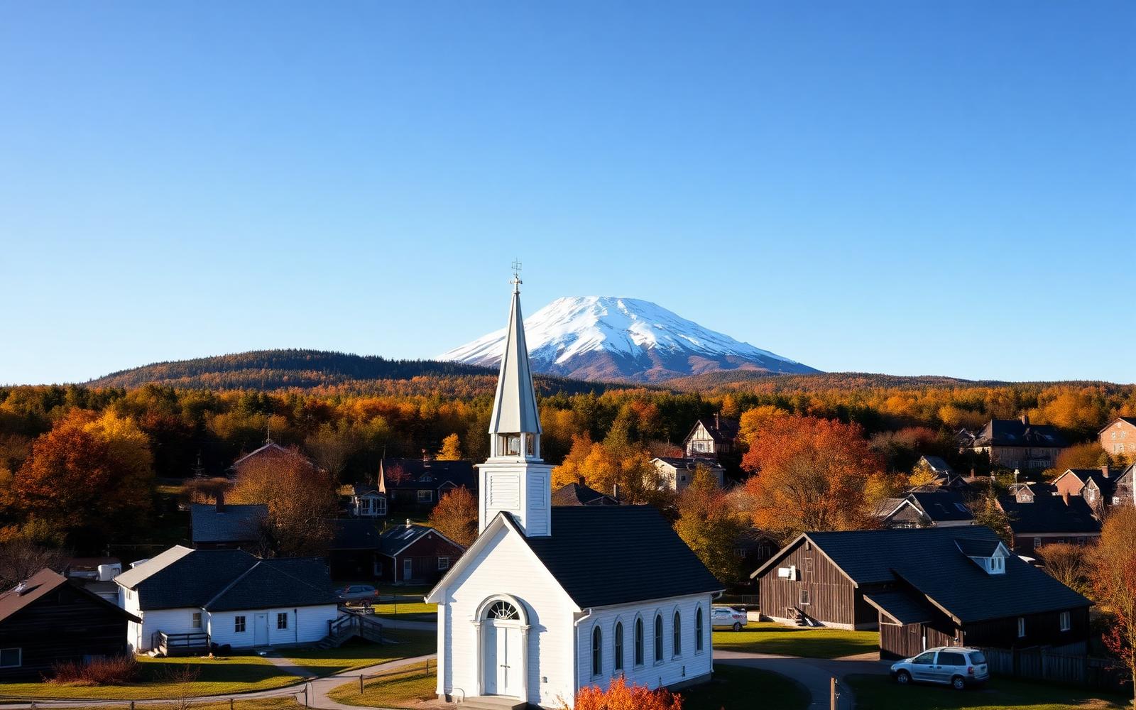 Village de La Patrie avec son église blanche et le mont Mégantic enneigé qui se dresse en arrière-plan sous un ciel d'automne