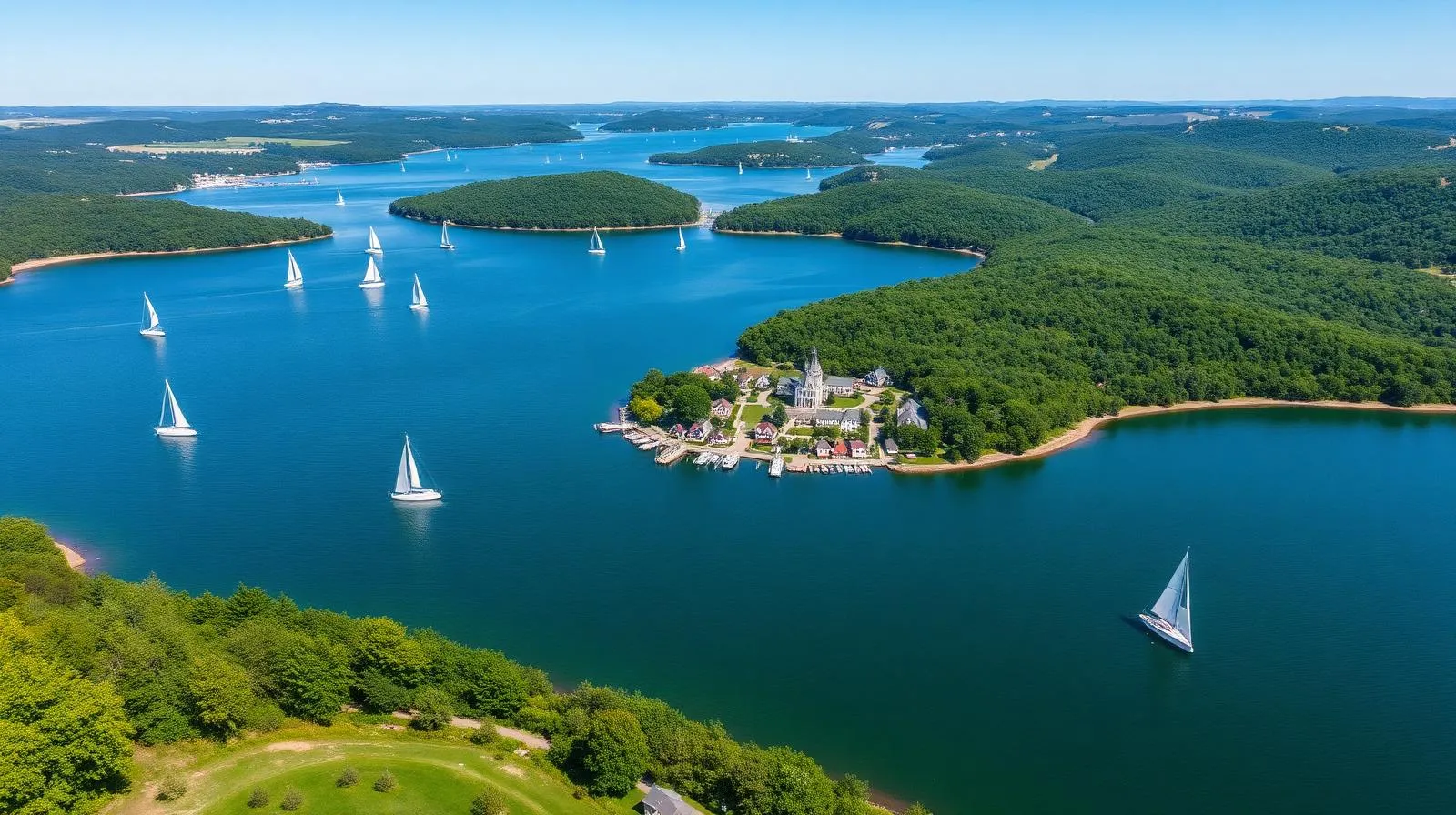 Vue aérienne d'été du Lac Brome avec voiliers et le village victorien de Knowlton sur la rive