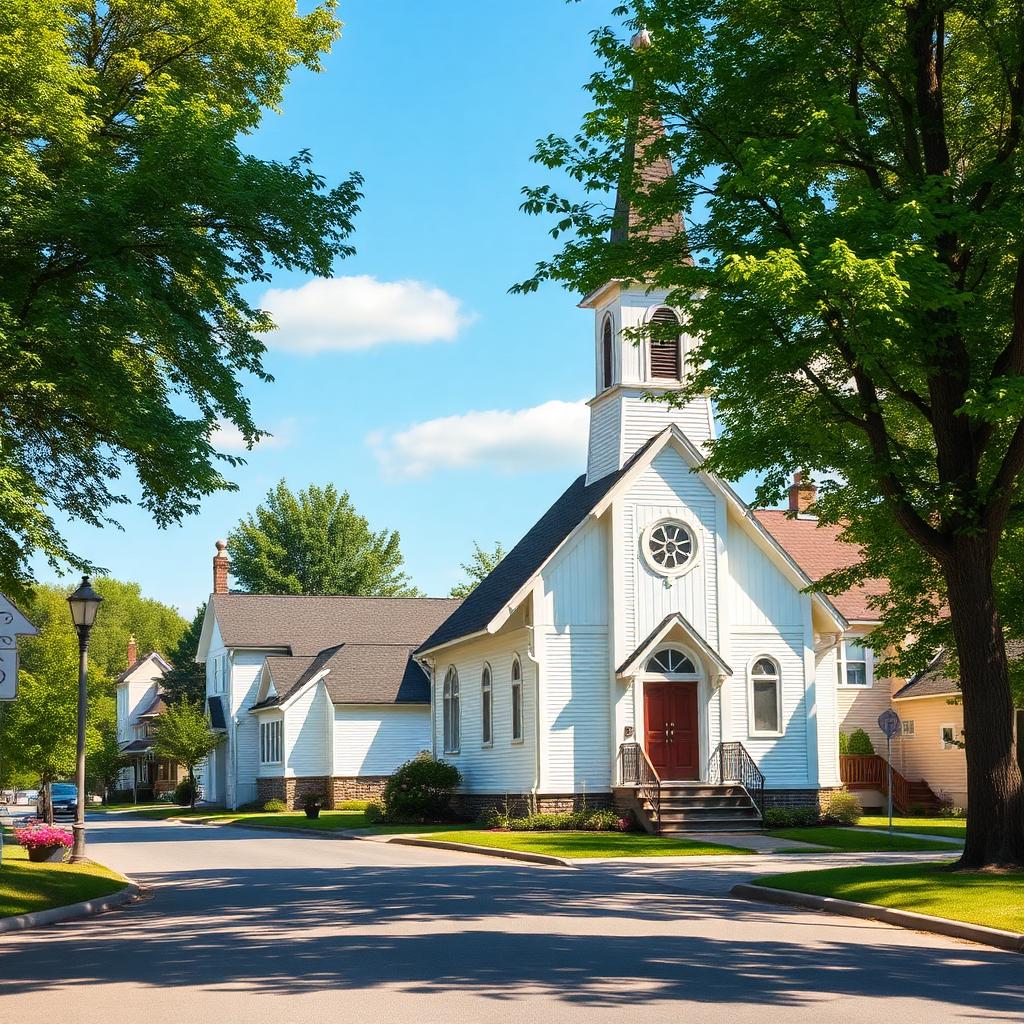 Noyau villageois de Lawrenceville avec église blanche en bois et rue bordée d'arbres matures, ambiance paisible d'après-midi d'été, aucune personne