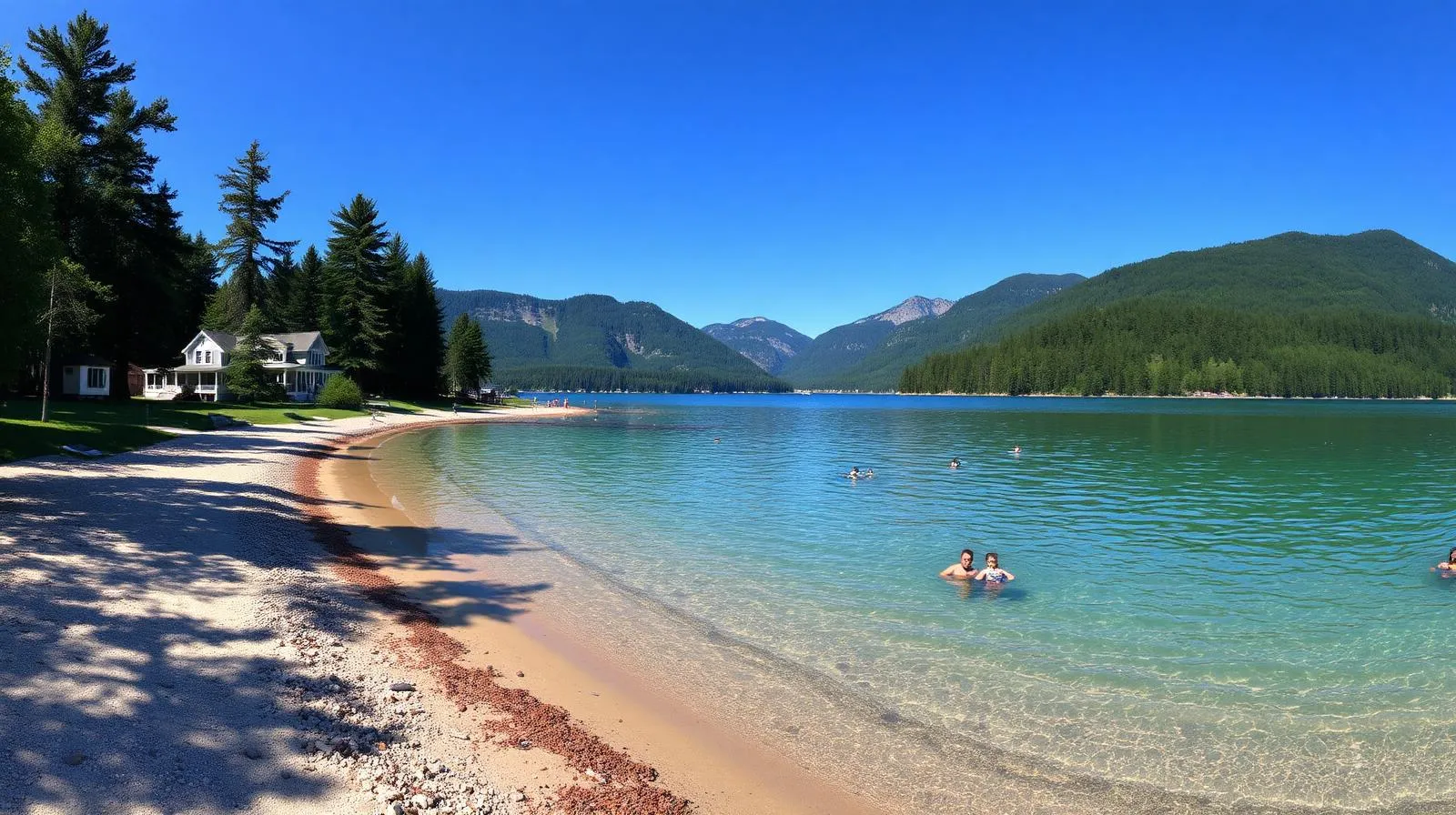 Plage du lac d'Argent à Marbleton avec sable doré, bouleaux, eaux turquoise et collines appalachiennes en arrière-plan