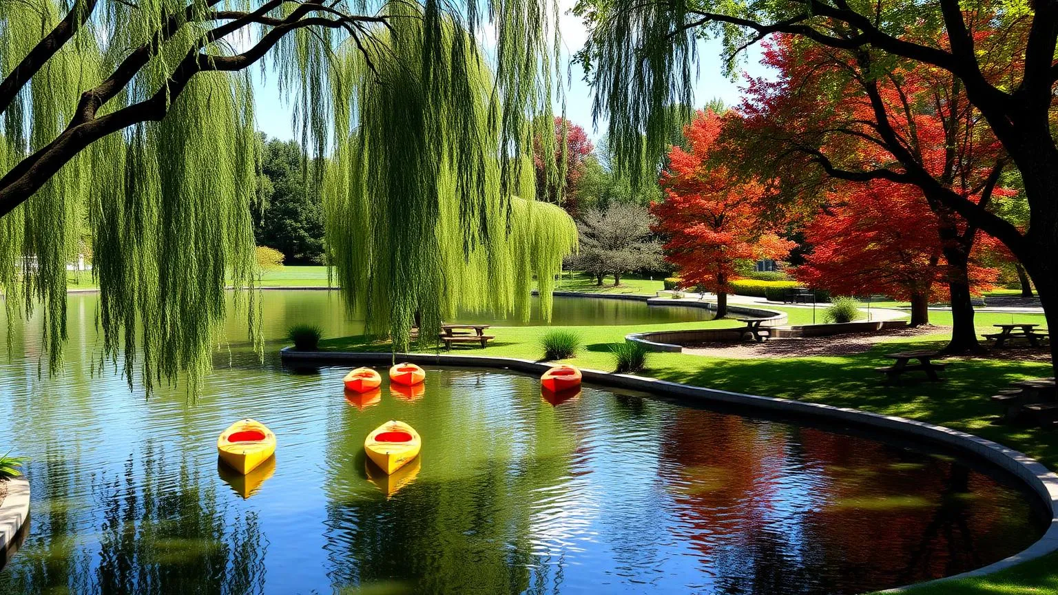 Parc du Vieux-Moulin à Martinville avec lac, kayaks et tables de pique-nique