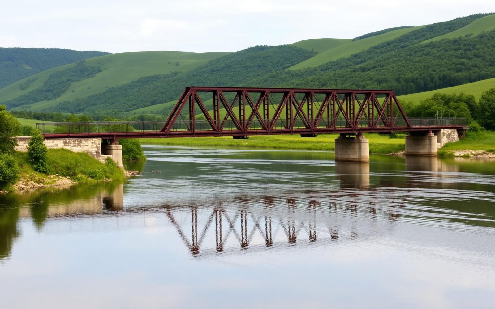 Pont métallique traversant la rivière Saint-François entre Melbourne et Richmond, collines vertes du Val-Saint-François en arrière-plan