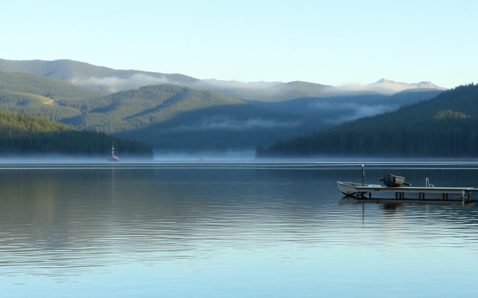 Rive est calme du lac Memphrémagog à Ogden au petit matin, quai de bois et montagnes brumeuses en arrière-plan