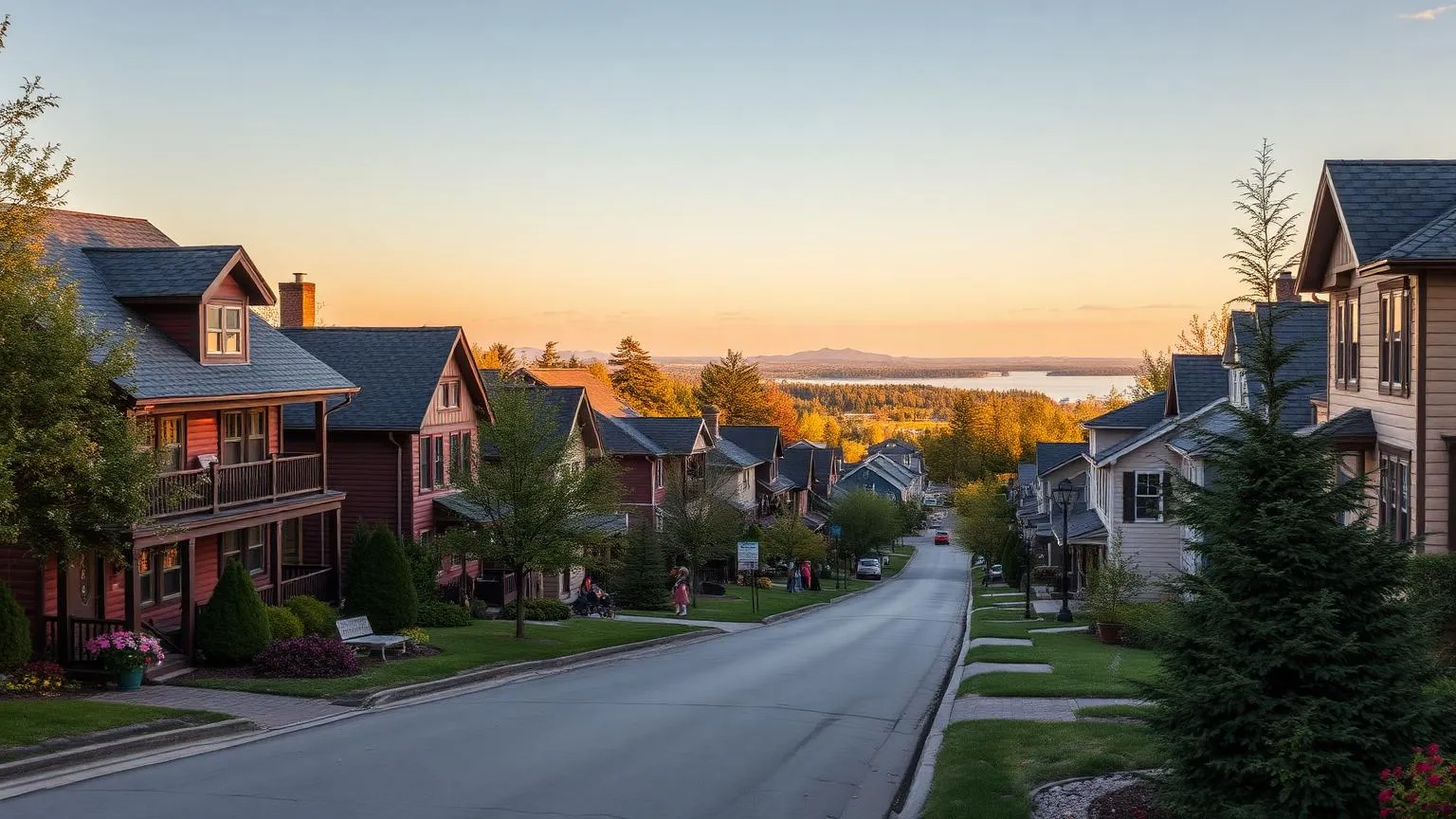 Quartier résidentiel tranquille d'Omerville avec maisons unifamiliales entourées d'arbres matures et vue sur les montagnes d'Orford