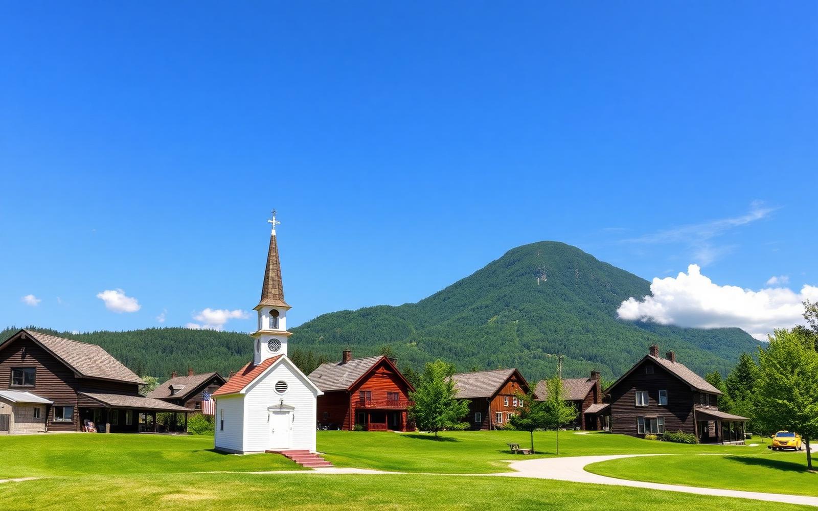 Village de Mansonville dans la municipalité de Potton, clocher blanc au pied du mont Owl's Head par une journée d'été ensoleillée