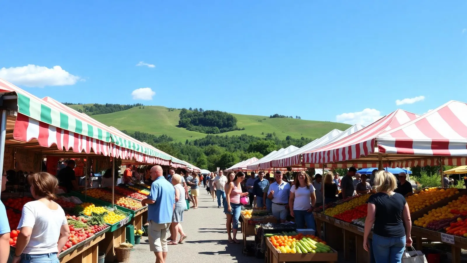 Marché Locavore de Racine avec étals de fruits et légumes colorés, visiteurs et collines verdoyantes
