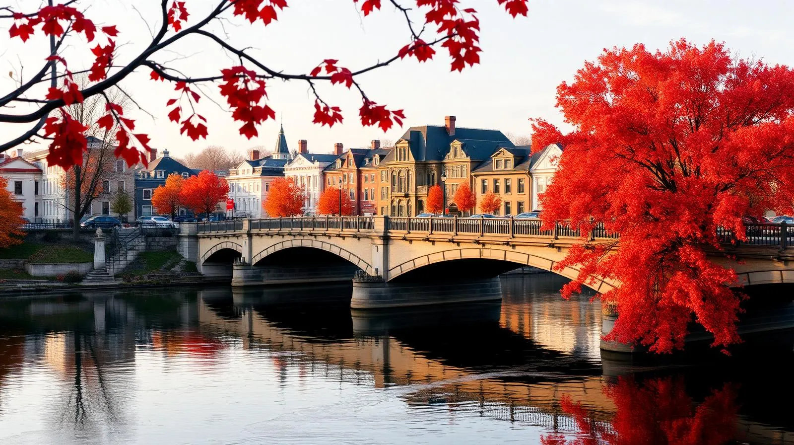 Pont historique de Richmond et centre-ville au-dessus de la rivière Saint-François un matin d'automne