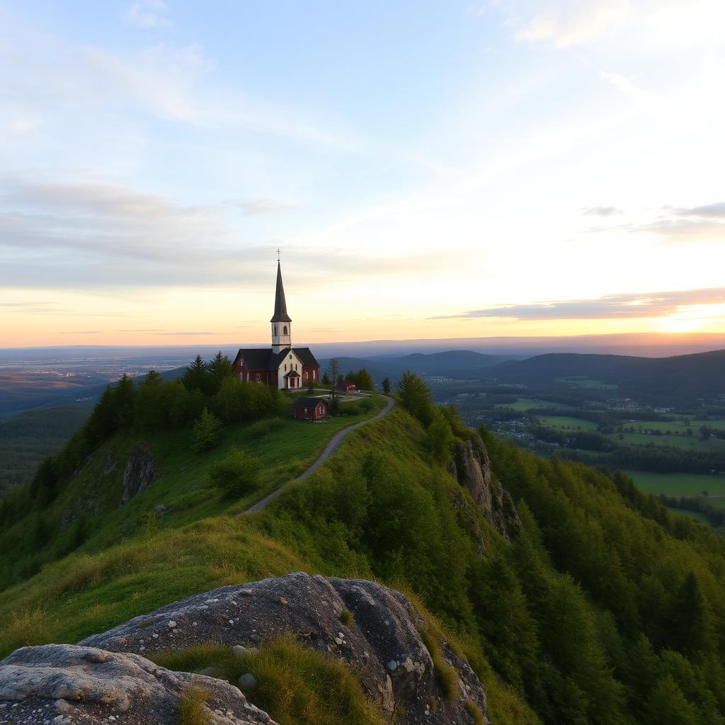 Village de Saint-Adrien perché sur une crête au coucher du soleil, clocher d'église et vue sur les vallées, aucune personne