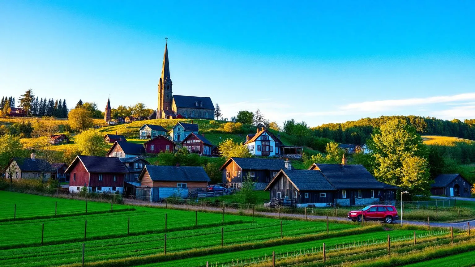 Village de Saint-Camille entouré de collines et de champs, clocher de l'église et P'tit Bonheur sous un ciel bleu d'été