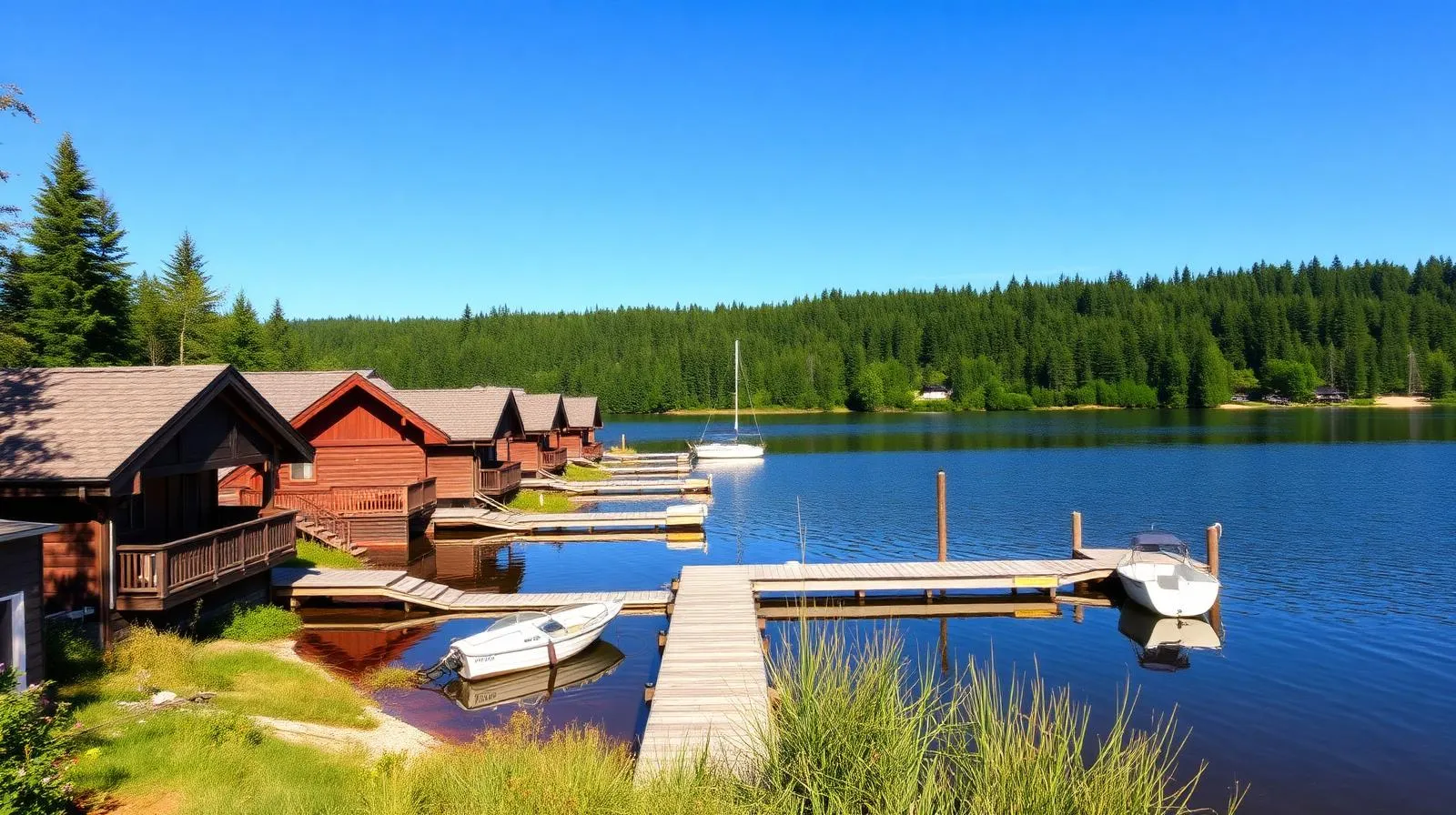 Chalets sur la rive du lac Brompton avec quais et bateaux entourés de forêts