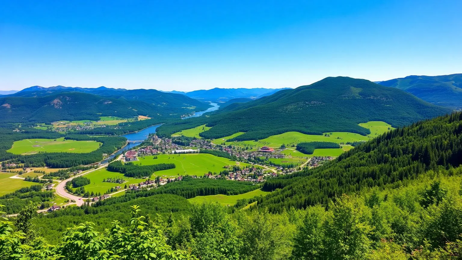 Vue depuis le mont Foster sur le village de Saint-Étienne-de-Bolton et la rivière Missisquoi