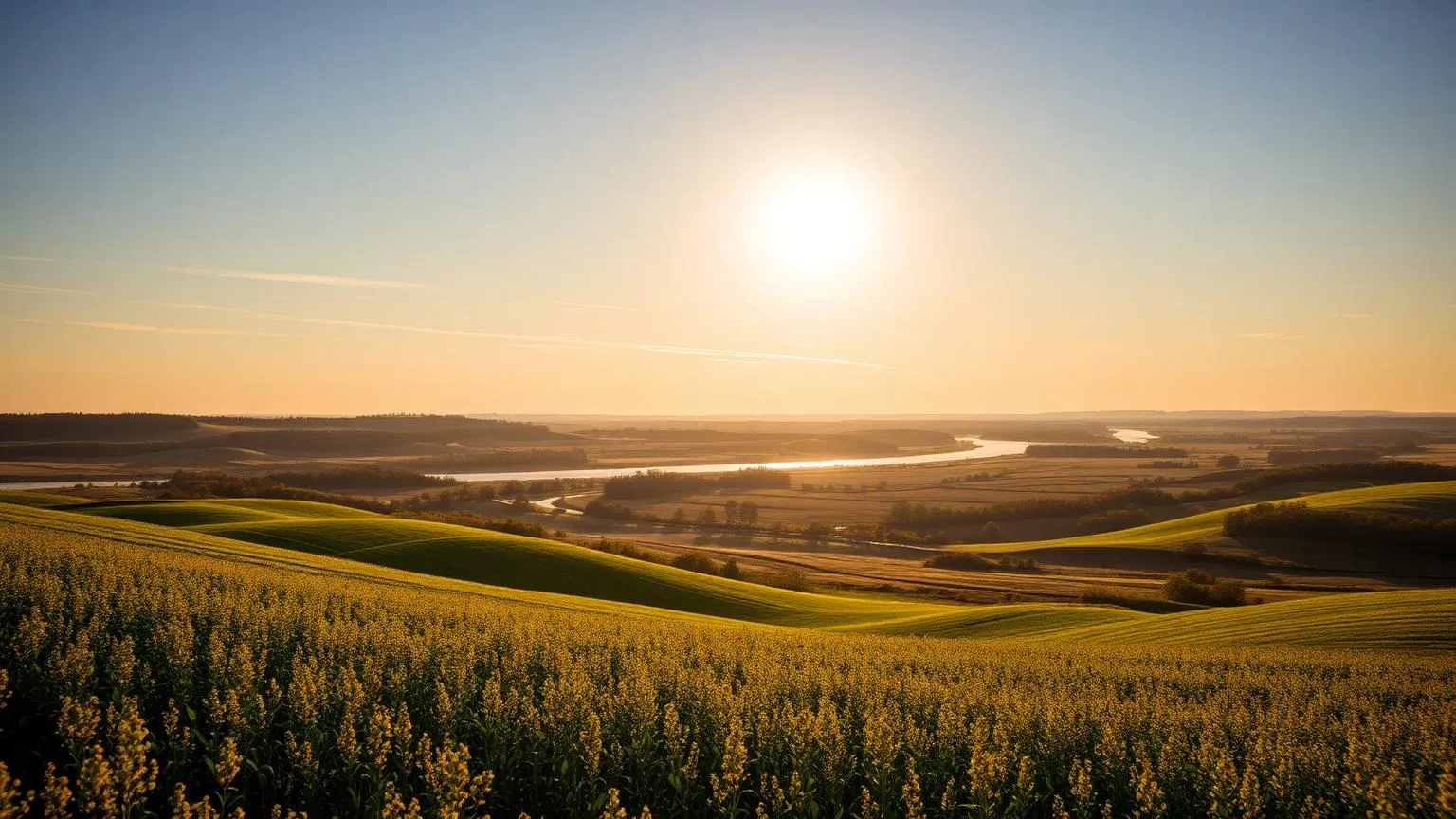 Paysage de campagne à Saint-Isidore-de-Clifton avec champs vallonnés, fermes et silos dispersés sous une lumière d'automne