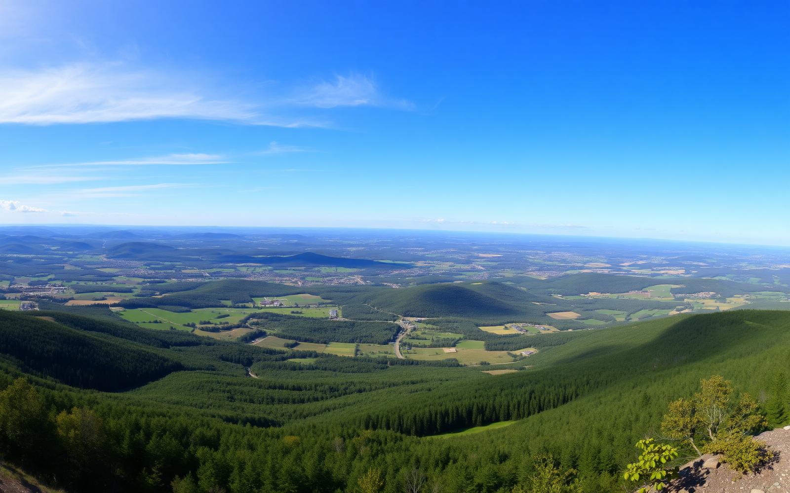 Panorama en altitude depuis Saint-Malo, collines vallonnées des Cantons-de-l'Est s'étirant jusqu'à l'horizon sous un ciel dégagé