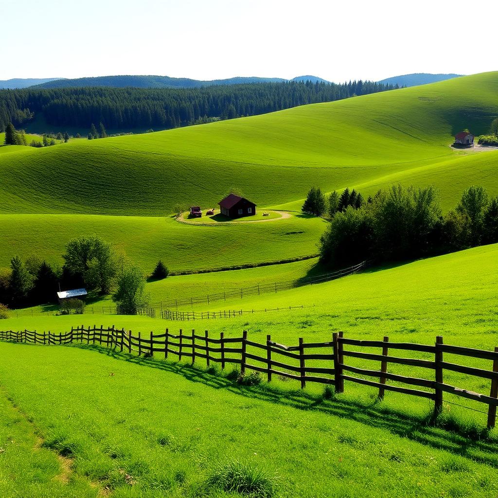 Vallon avec ferme et clôtures de bois à Sainte-Anne-de-la-Rochelle en Estrie, campagne vallonnée au pied des Sommets, aucune personne