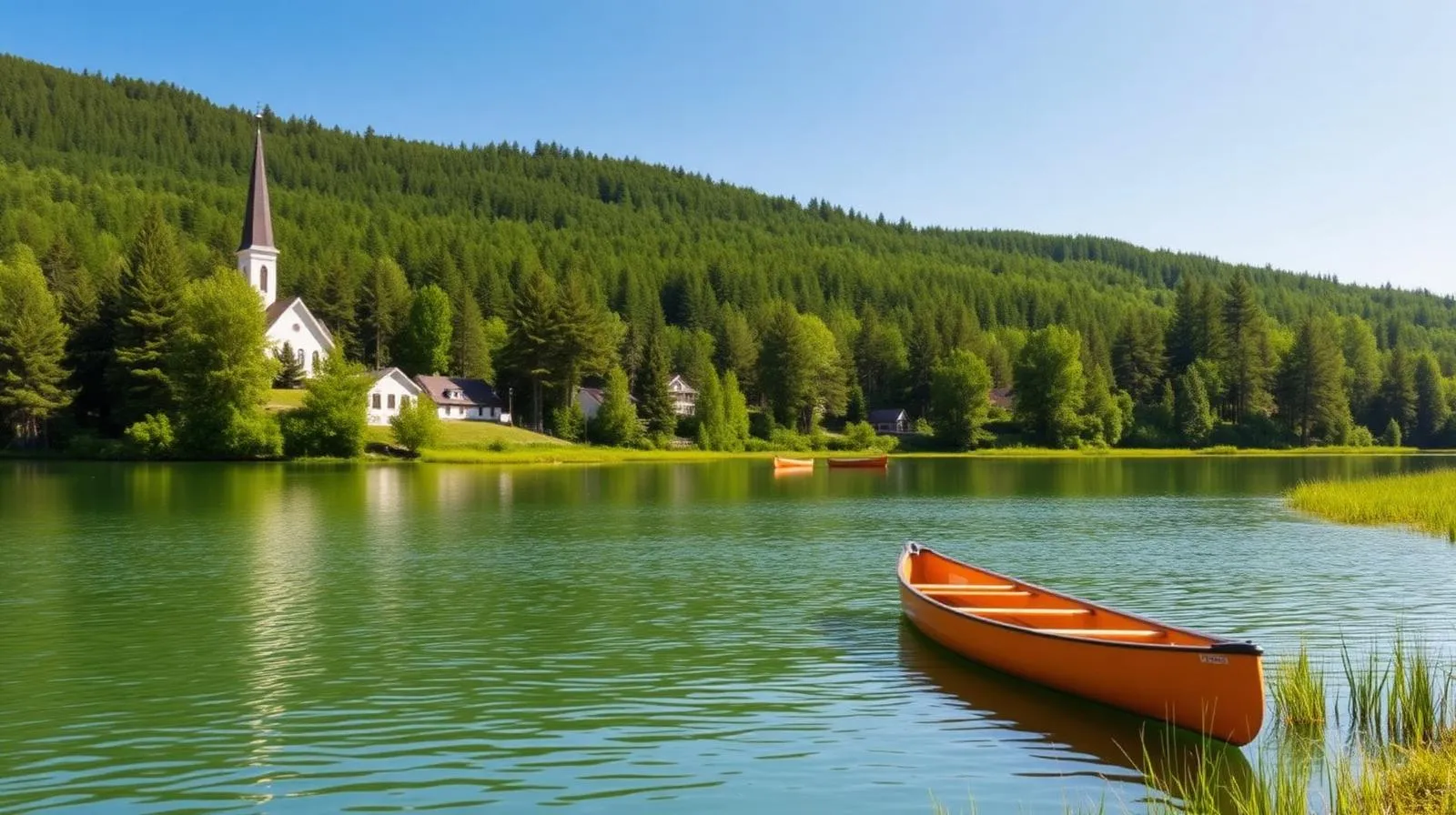 Petit lac Magog avec canots et clocher de l'église Sainte-Catherine en arrière-plan