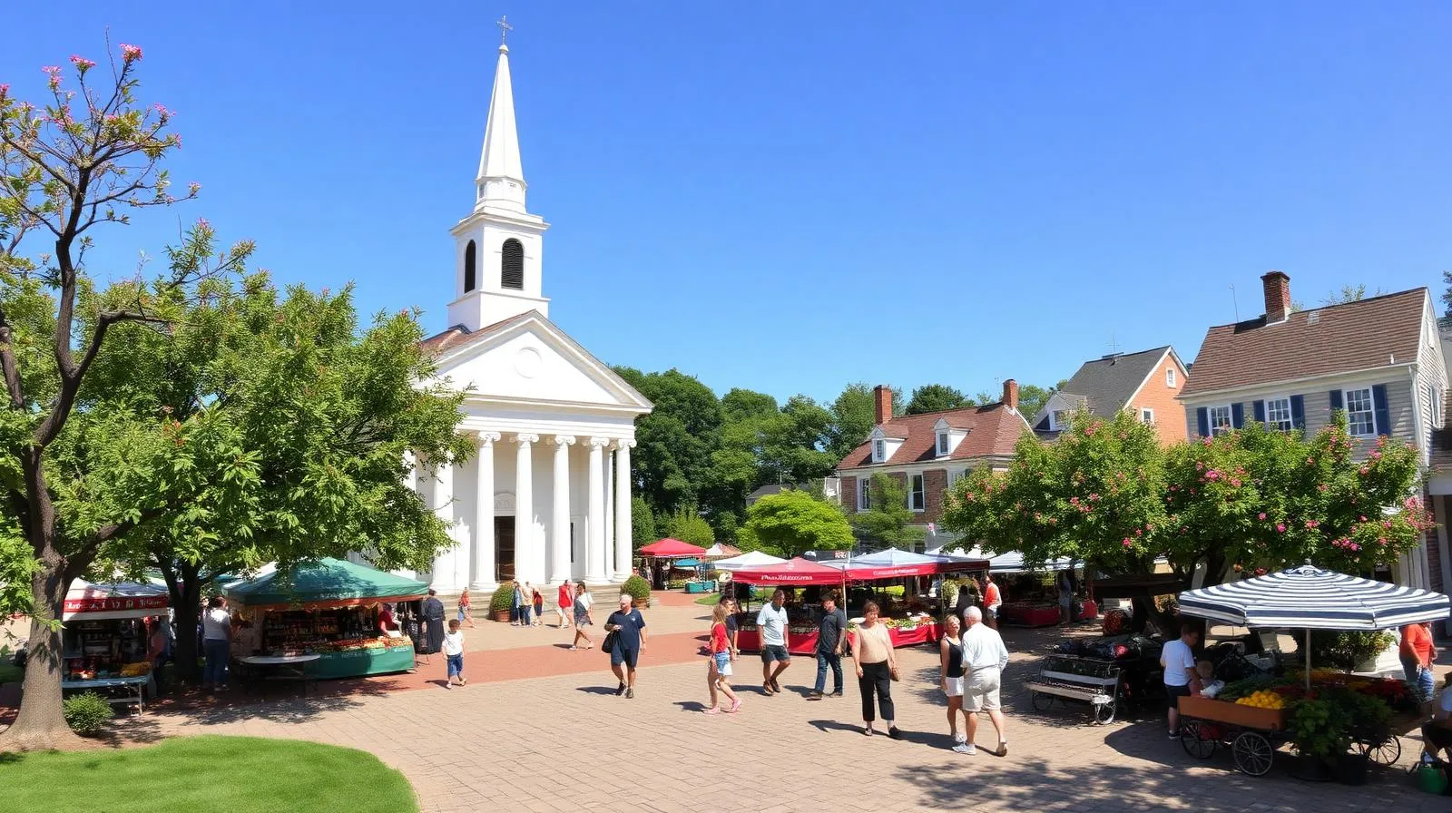 Centre villageois de Sawyerville en été avec église baptiste blanche et marché fermier animé