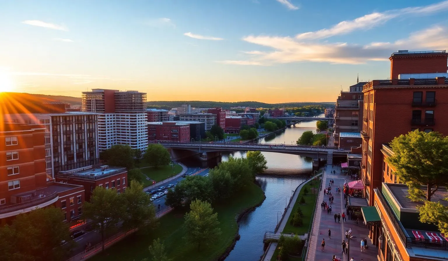 Vue aérienne du centre-ville de Sherbrooke au coucher de soleil avec la rivière Saint-François et le pont Bowen