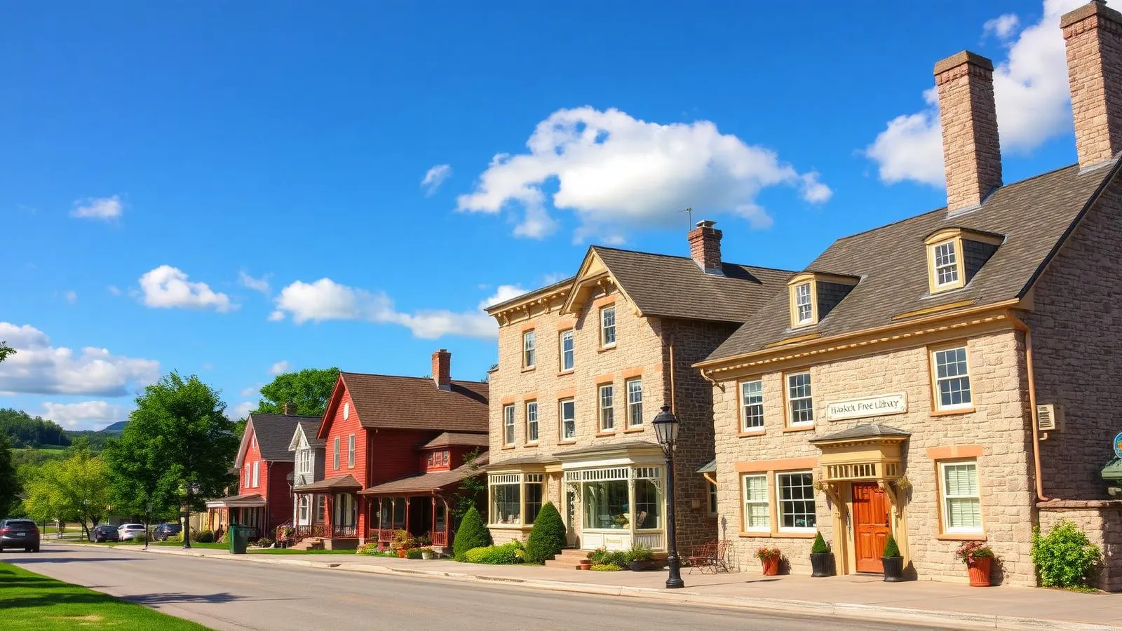 Centre-ville de Stanstead avec maisons en pierre et bibliothèque Haskell sur la frontière canado-américaine