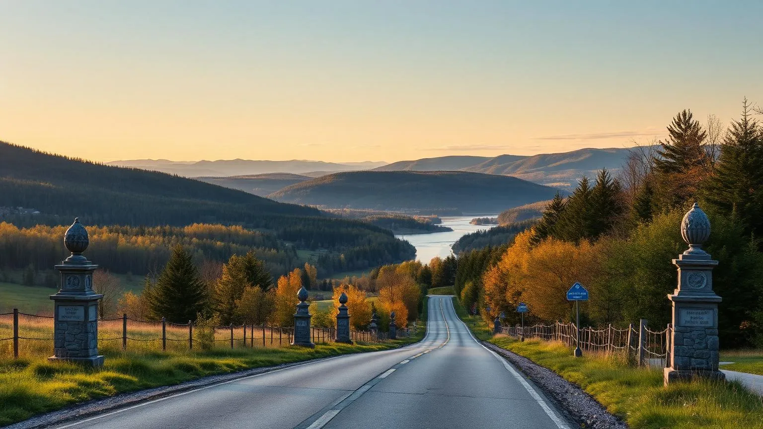 Route sinueuse traversant les collines verdoyantes de Stanstead-Est avec la rivière Tomifobia au premier plan et les Montagnes Vertes du Vermont en arrière-plan