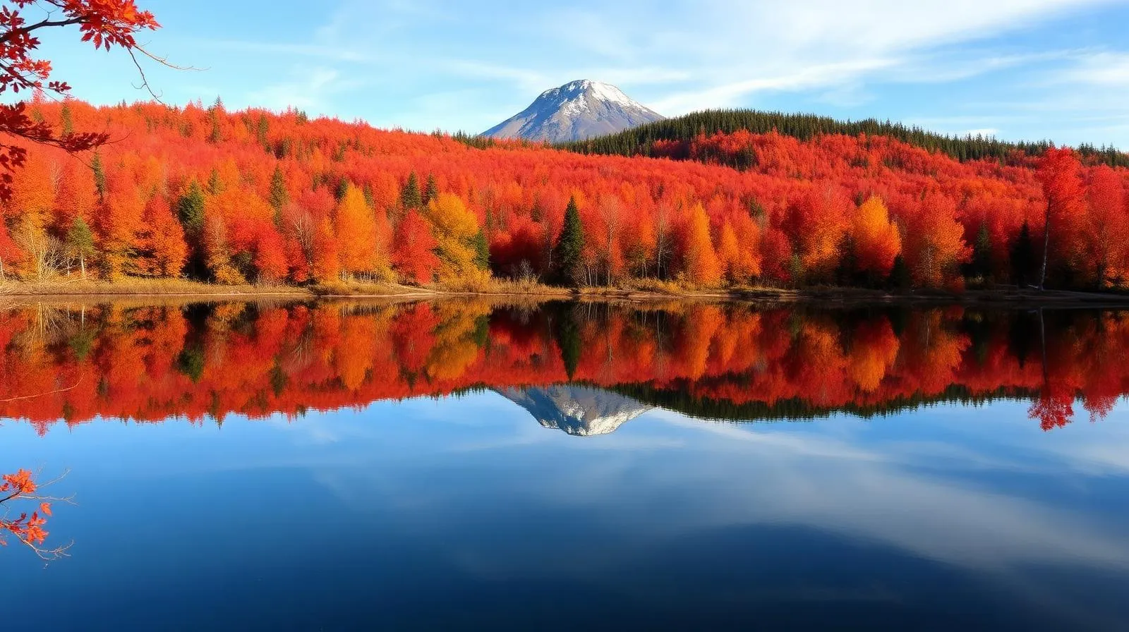 Lac Stukely en automne avec forêts flamboyantes et Mont Orford en arrière-plan