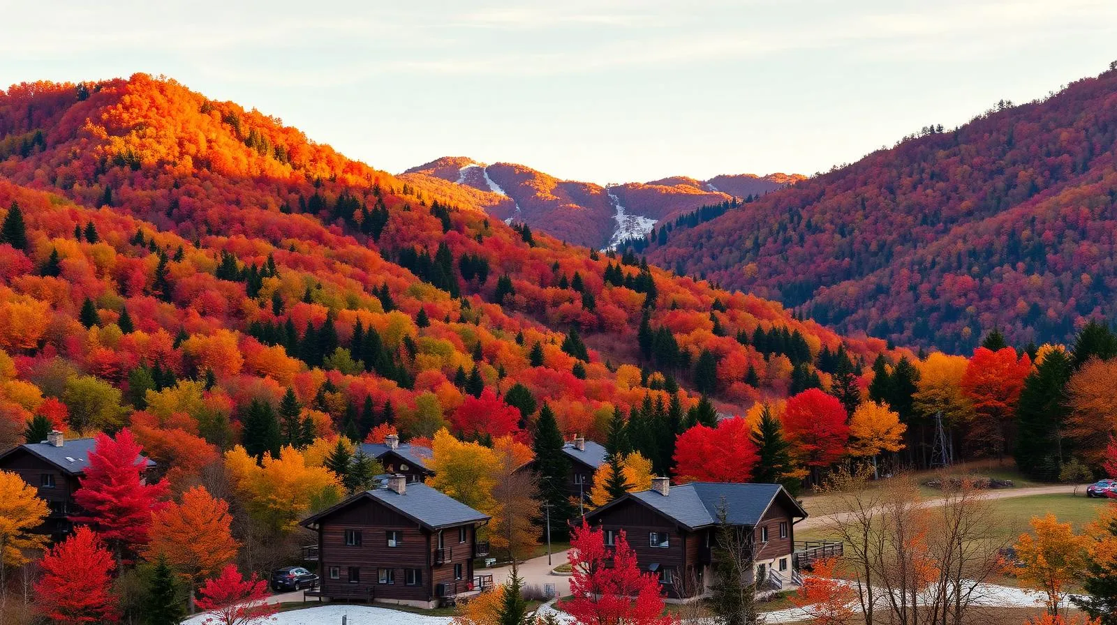 Mont Sutton en automne avec feuillage coloré et chalets en bois au pied de la montagne