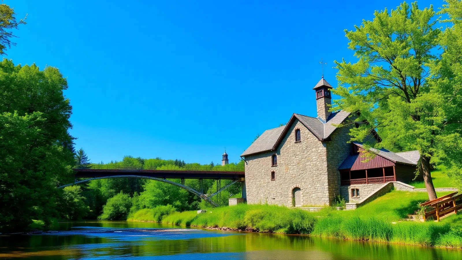 Moulin à laine d'Ulverton en pierre au bord de la rivière, entouré d'arbres verts sous un ciel bleu