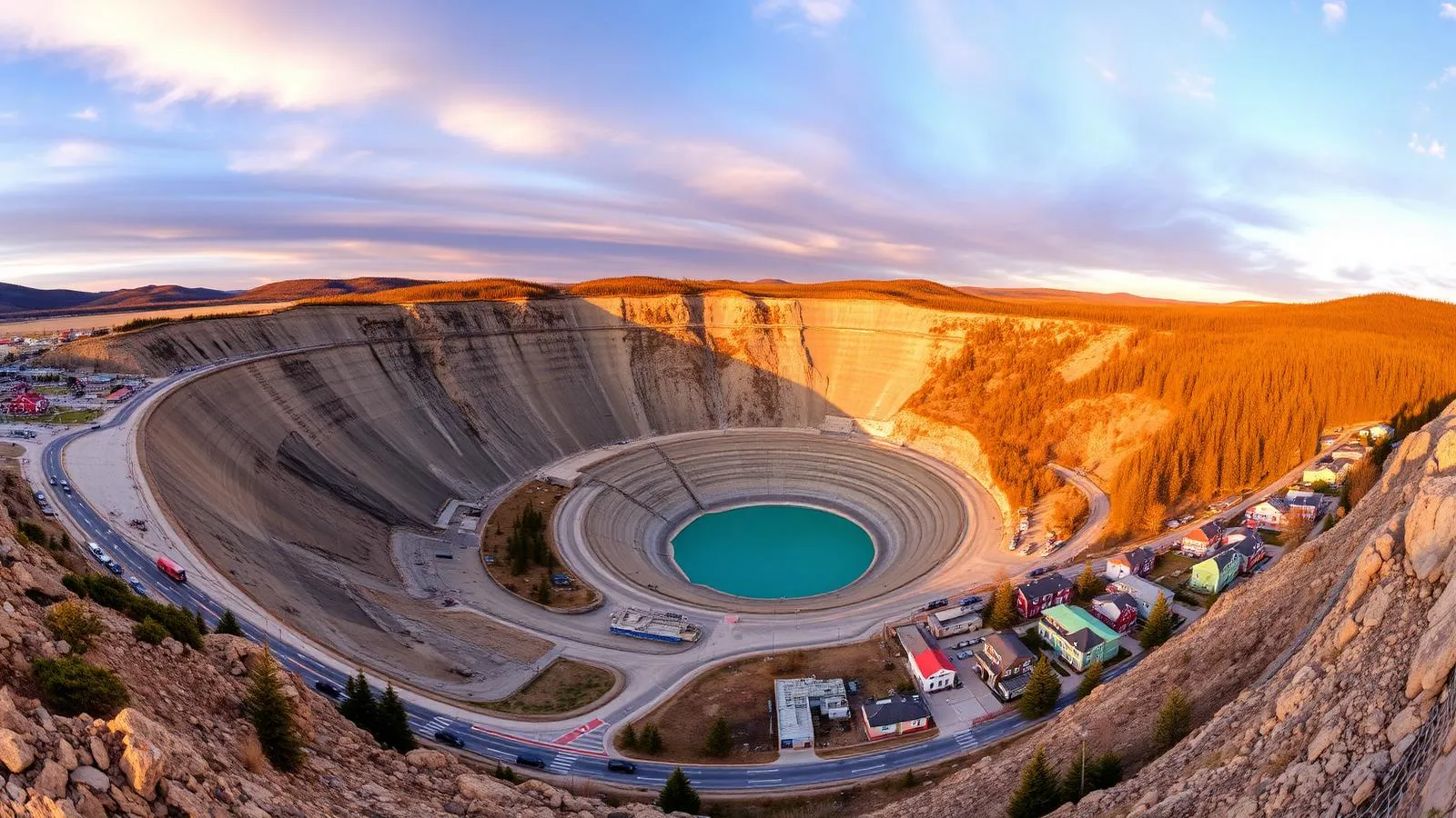 Vue panoramique de la mine Jeffrey et du centre-ville de Val-des-Sources au coucher du soleil