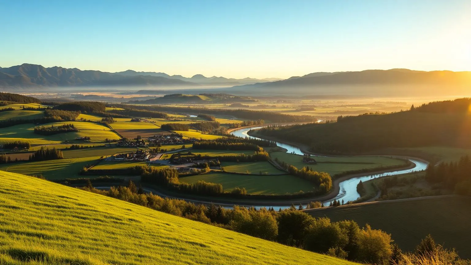 Vallée verdoyante de Val-Joli avec champs ondulés, fermes et ruisseau sous un soleil matinal d'été