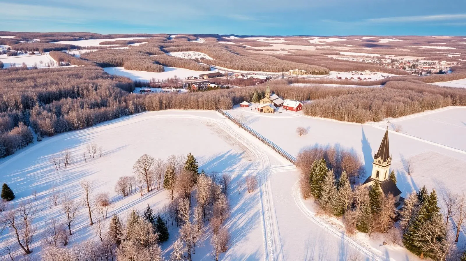 Vue aérienne du Canton de Valcourt en hiver avec fermes traditionnelles, motoneiges et collines enneigées