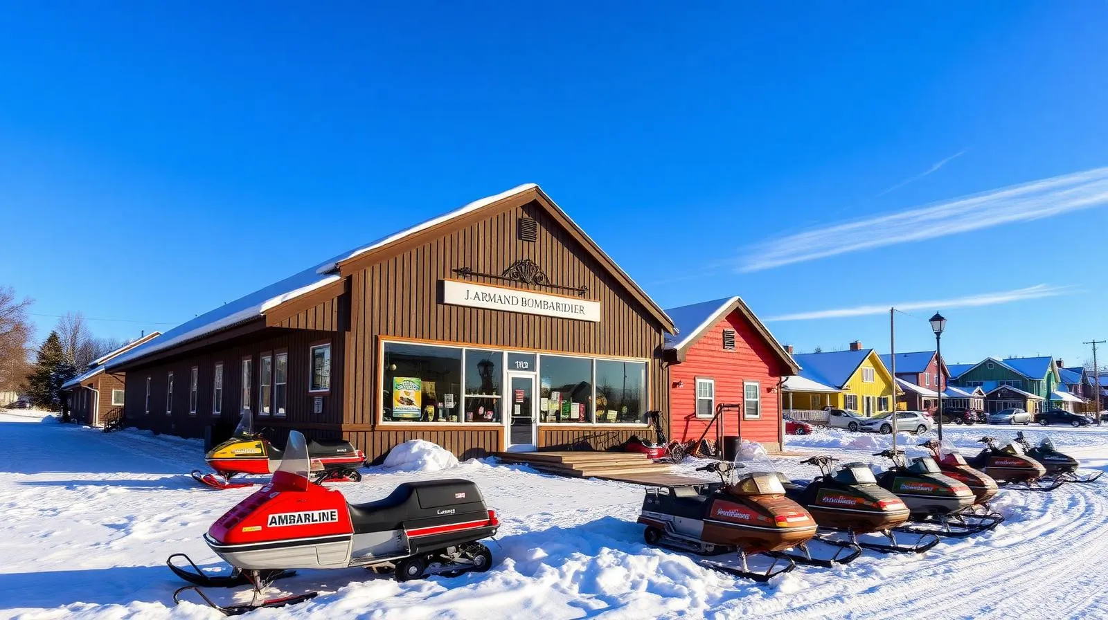 Musée J.-Armand-Bombardier à Valcourt sous la neige avec motoneiges anciennes exposées et maisons colorées