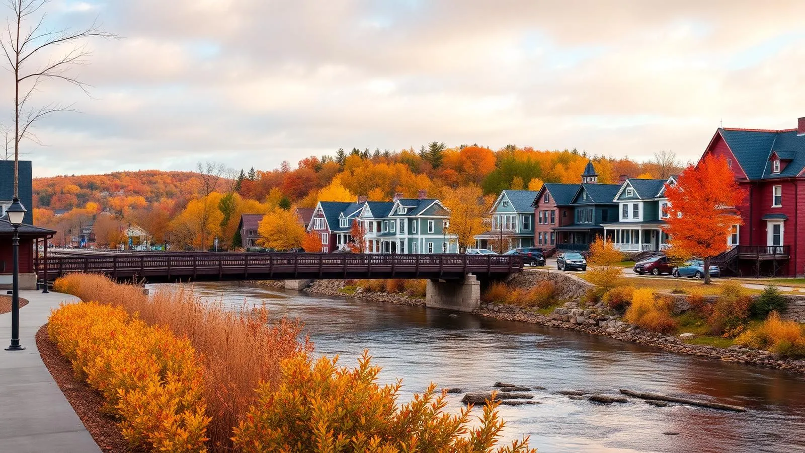 Centre-ville de Waterville en automne avec rivière Coaticook et maisons victoriennes