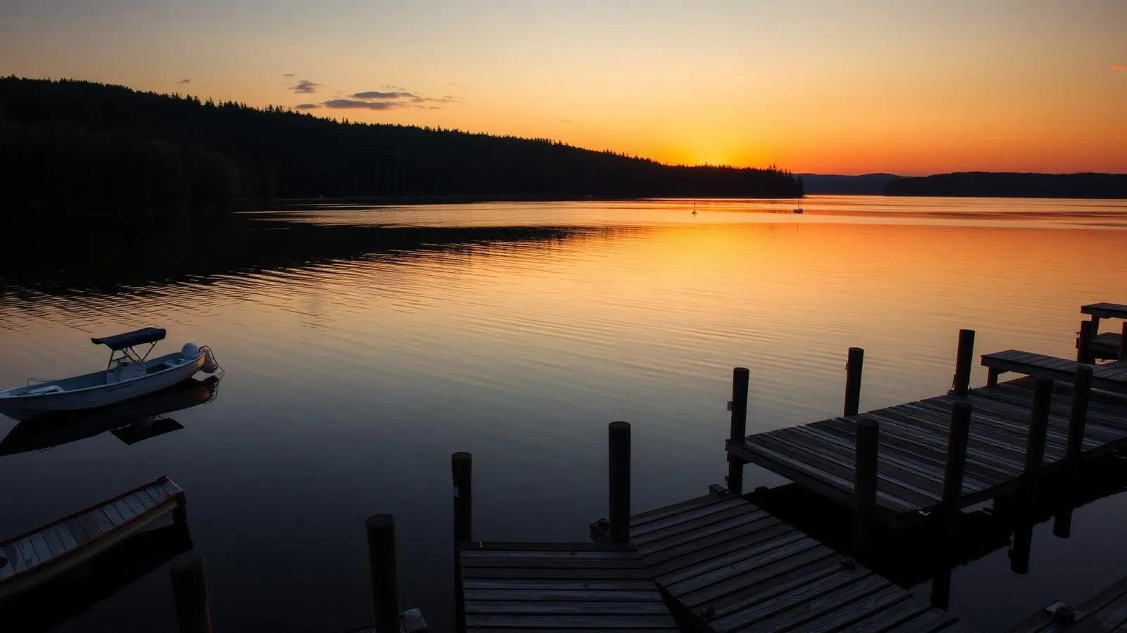 Coucher de soleil orange sur le lac Aylmer avec quais et bateaux et forêt dense en arrière-plan
