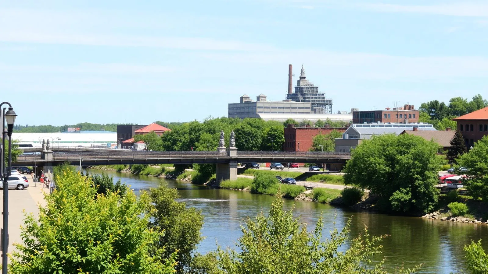 Centre-ville de Windsor avec rivière Saint-François, passerelle piétonne et papeterie en arrière-plan